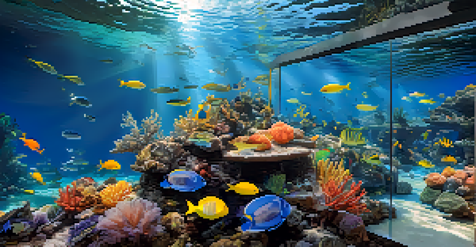 A digital art installation illustrating a vibrant underwater ecosystem with coral reefs and fish, emphasizing the importance of marine conservation.