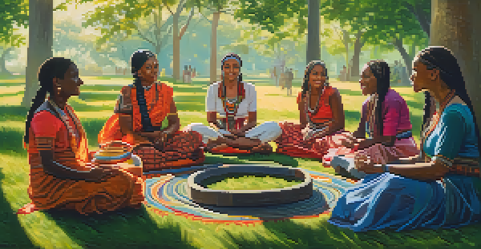 A diverse group of women in traditional attire sitting in a park, engaged in storytelling and sharing folklore.