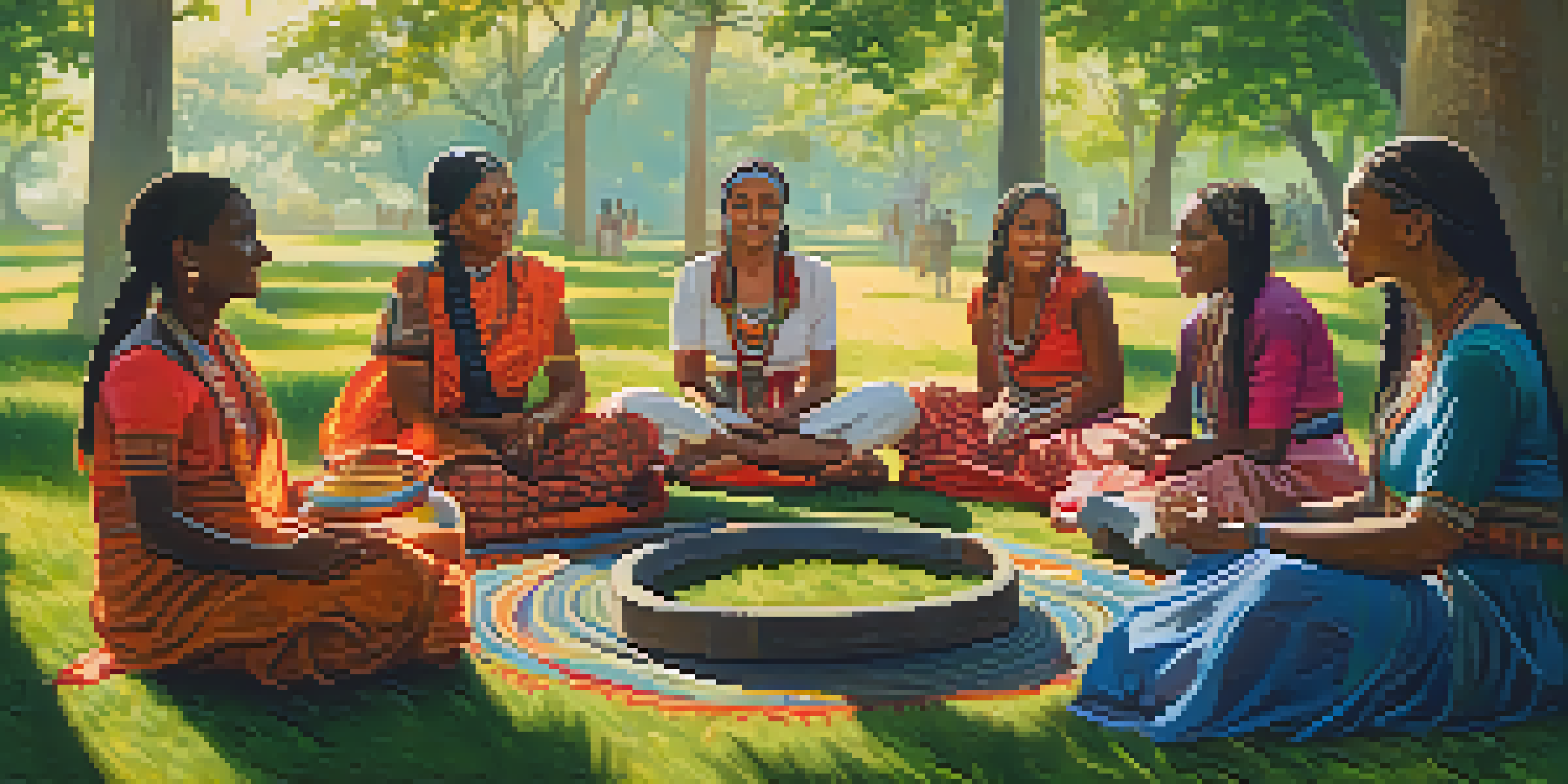 A diverse group of women in traditional attire sitting in a park, engaged in storytelling and sharing folklore.