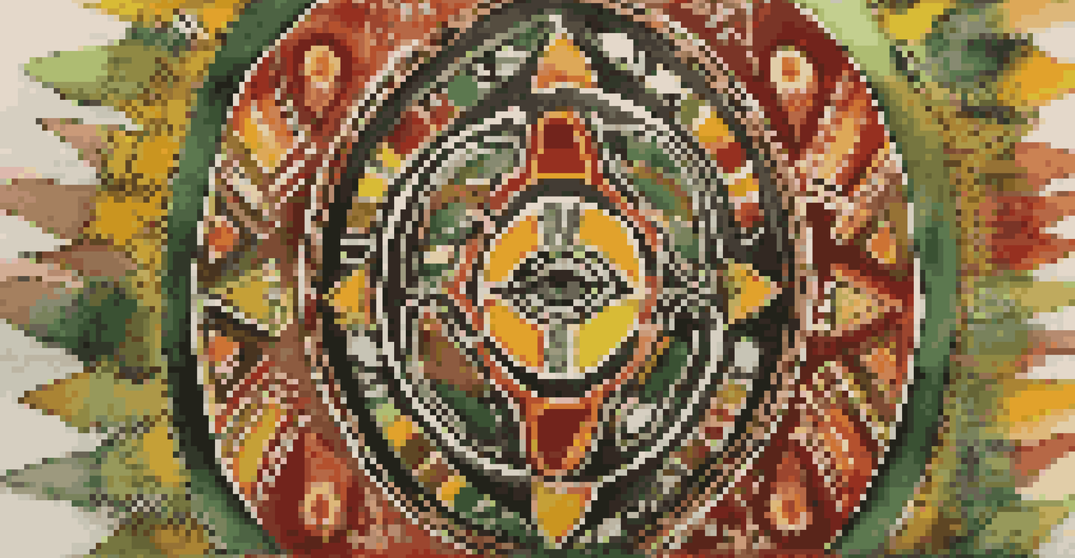 A close-up of vibrant indigenous folk art with intricate patterns in earthy tones and bright colors, highlighting textures and cultural significance.