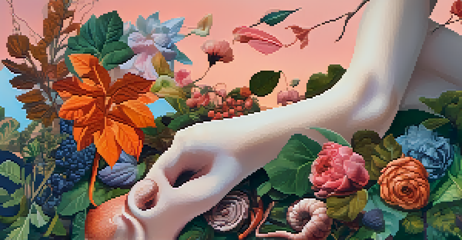 A surreal digital collage of body parts integrated with nature, featuring vibrant colors and a gradient sky background.