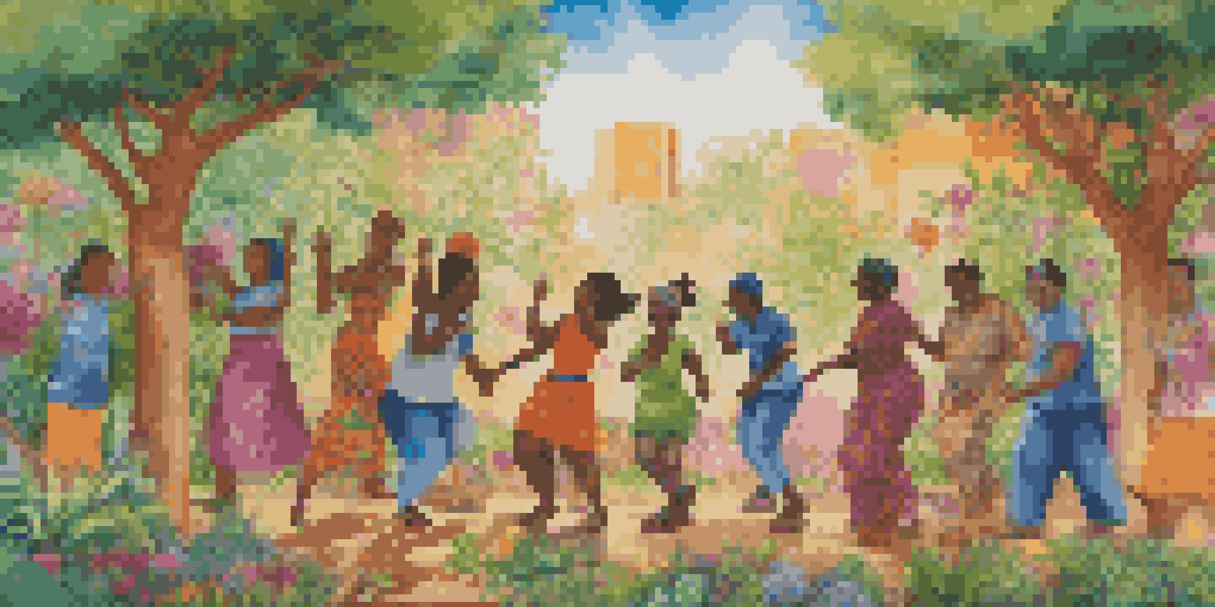 A colorful street mural depicting diverse cultural figures standing together, surrounded by greenery and flowers, with sunlight filtering through the trees.