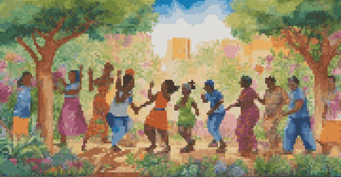 A colorful street mural depicting diverse cultural figures standing together, surrounded by greenery and flowers, with sunlight filtering through the trees.