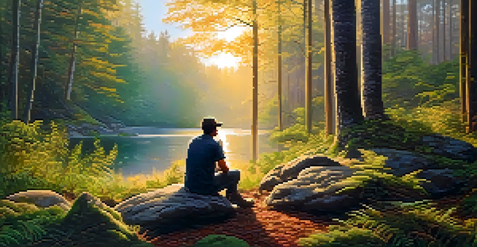 A painter in a lush forest, capturing the sunrise on a canvas, surrounded by soft golden sunlight and vibrant greenery.