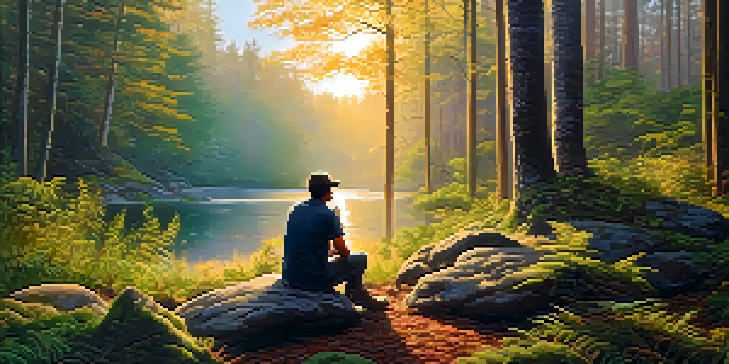 A painter in a lush forest, capturing the sunrise on a canvas, surrounded by soft golden sunlight and vibrant greenery.