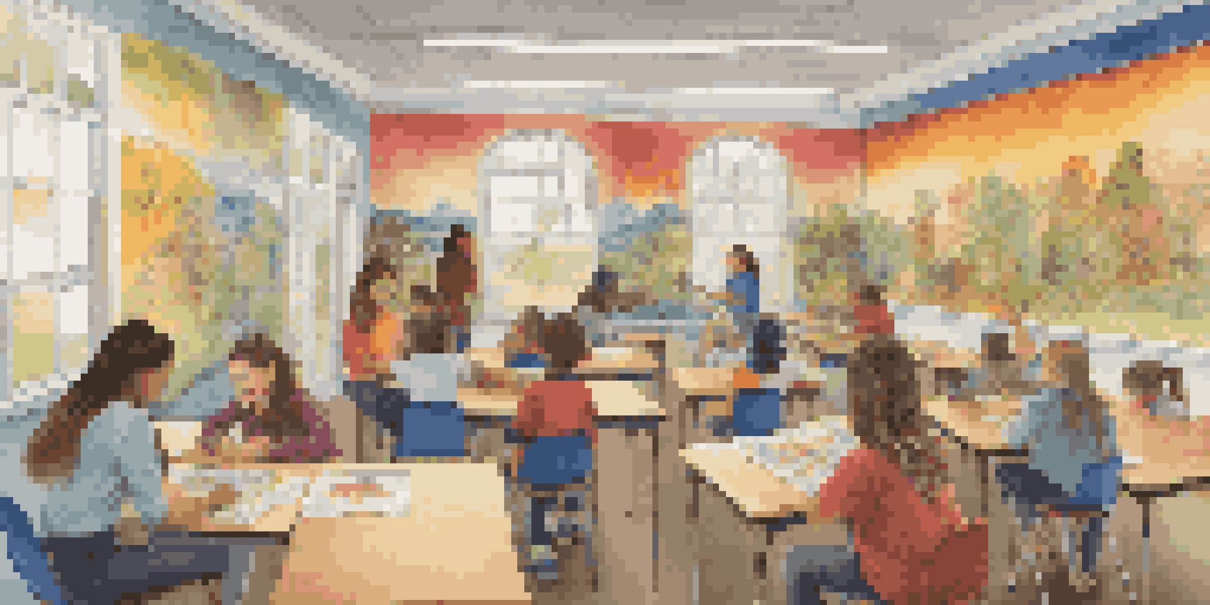 A lively classroom where students are collaborating on a large mural, surrounded by their artworks, showcasing creativity and teamwork.