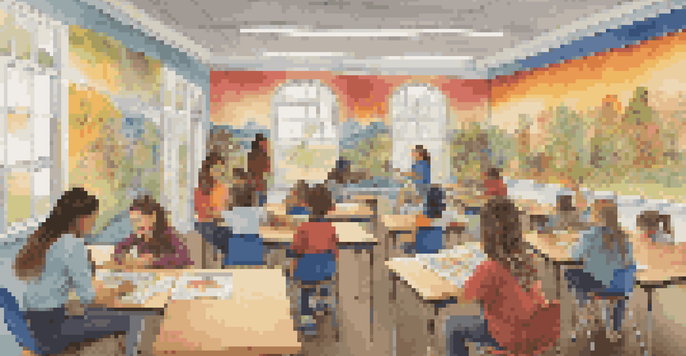 A lively classroom where students are collaborating on a large mural, surrounded by their artworks, showcasing creativity and teamwork.