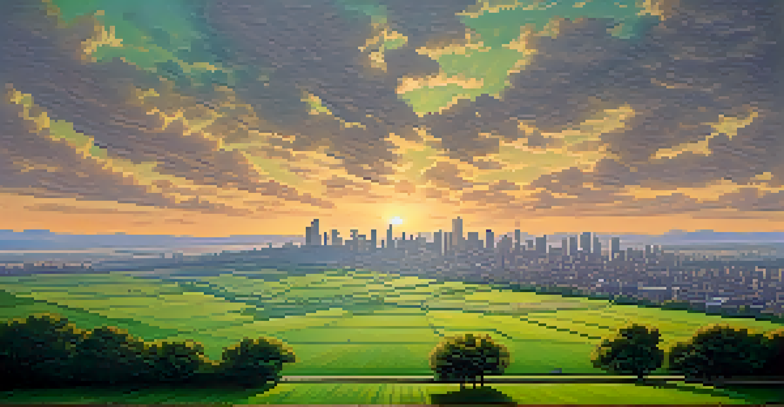 A landscape showing a transition from a green rural field to a bustling city skyline under a warm sunset.