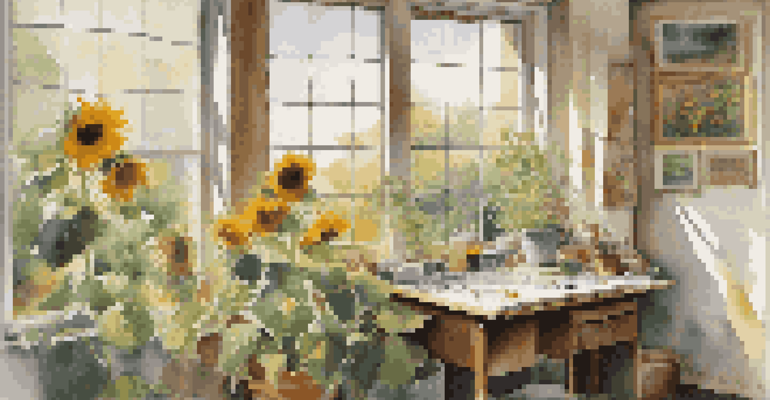 An artist's studio with a canvas of a sunflower, surrounded by art supplies and a view of a garden.