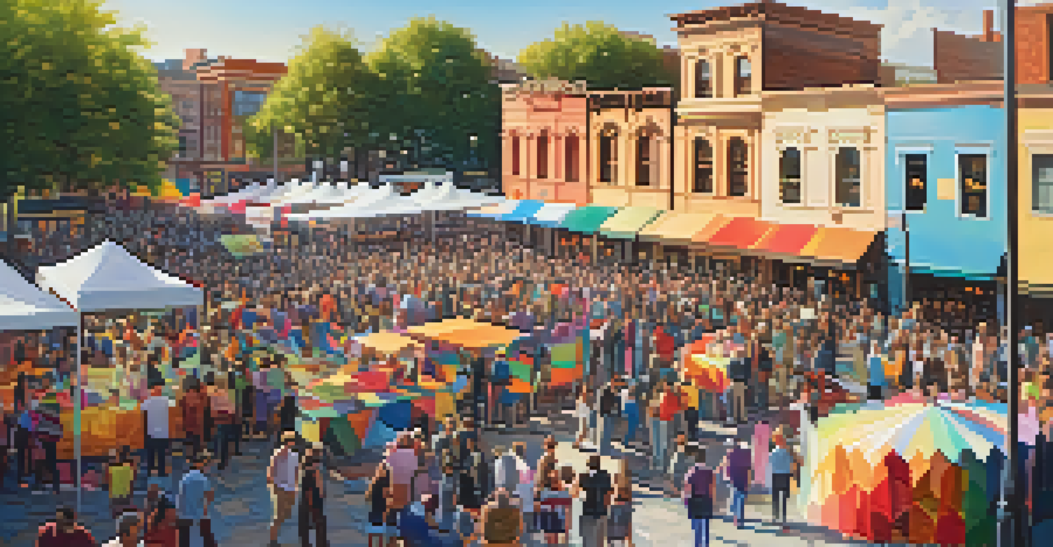 An outdoor art festival with artists collaborating on large canvases, surrounded by a lively crowd and warm afternoon sunlight.