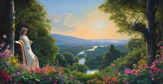 A tranquil forest scene featuring a musician playing a lyre, symbolizing the myth of Orpheus and Eurydice, with a ghostly figure in the background.