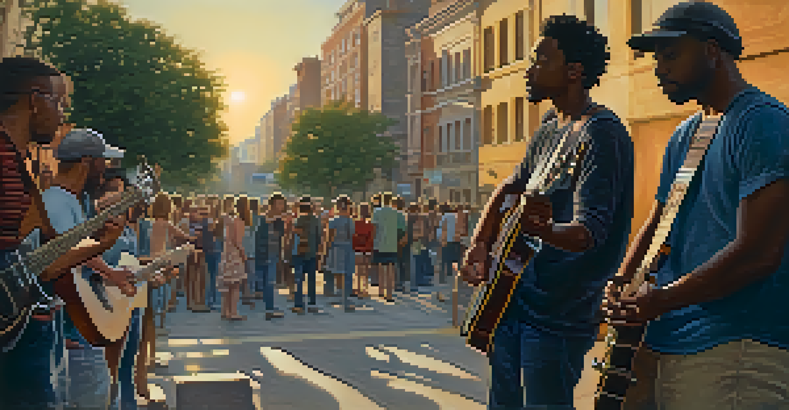 A musician playing guitar on a street, with an engaged crowd around them, bathed in golden sunset light.