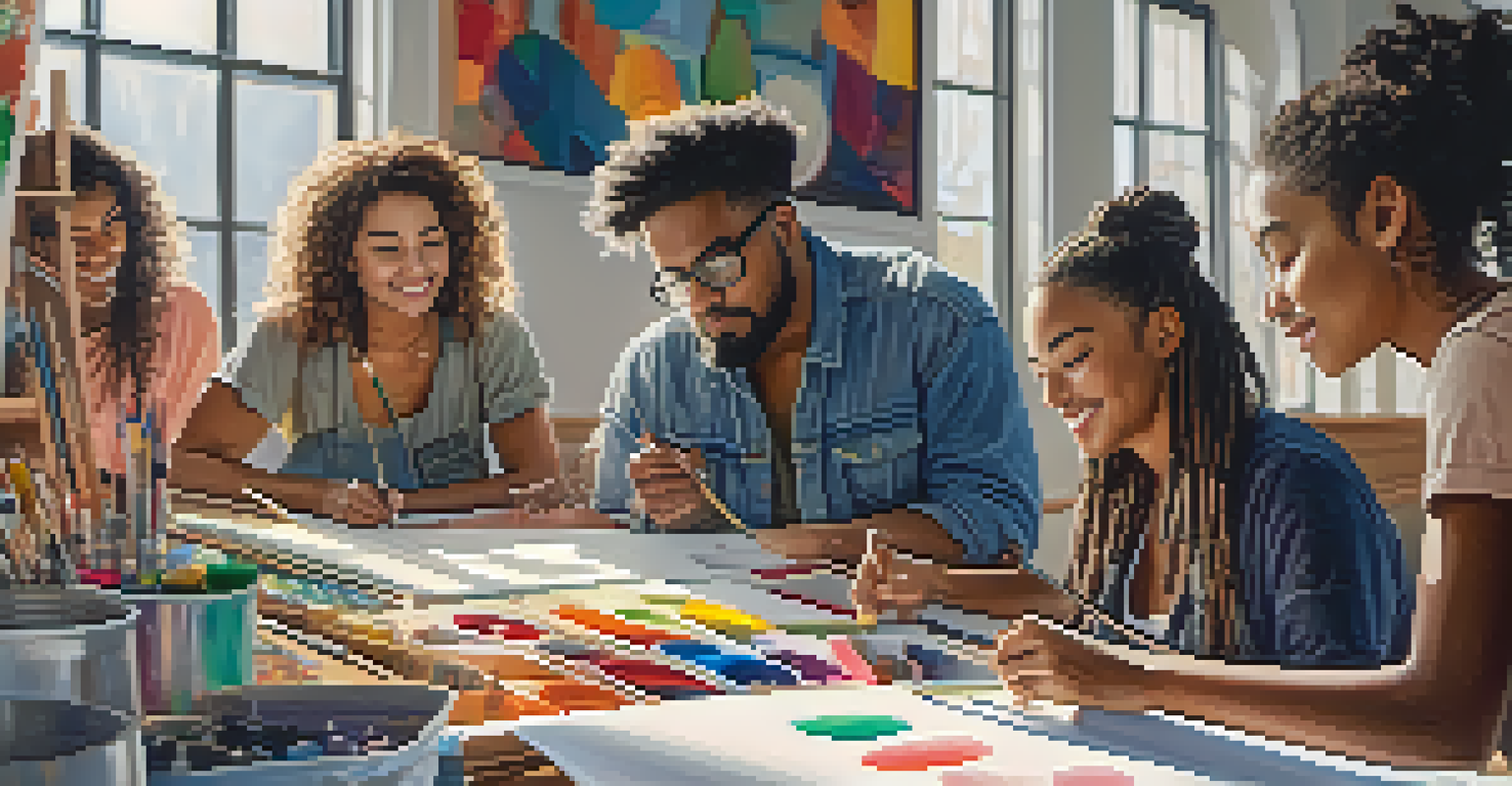 A diverse group of artists working together on a large canvas inside a brightly lit community center.