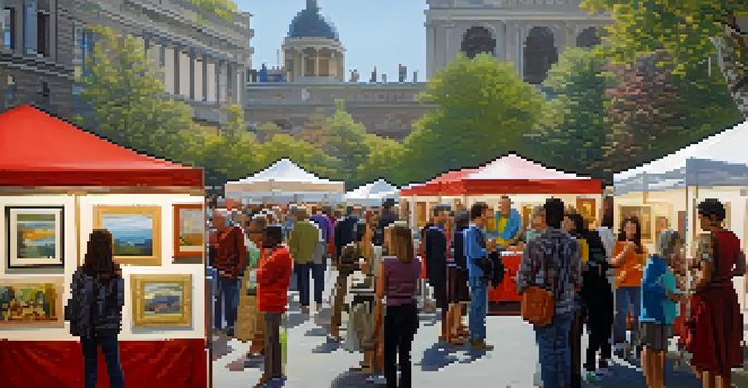 A lively art fair with various colorful artworks displayed, featuring diverse artists and a crowd of engaged visitors.