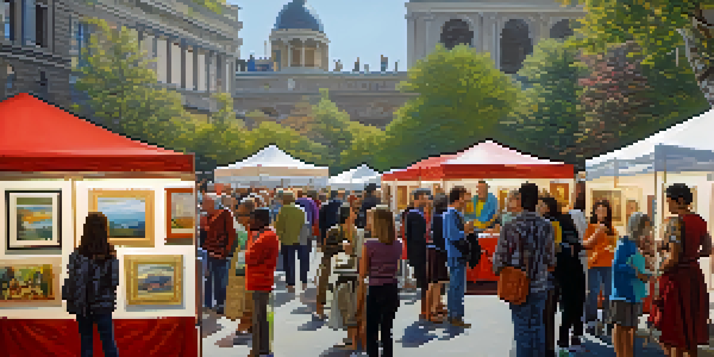 A lively art fair with various colorful artworks displayed, featuring diverse artists and a crowd of engaged visitors.