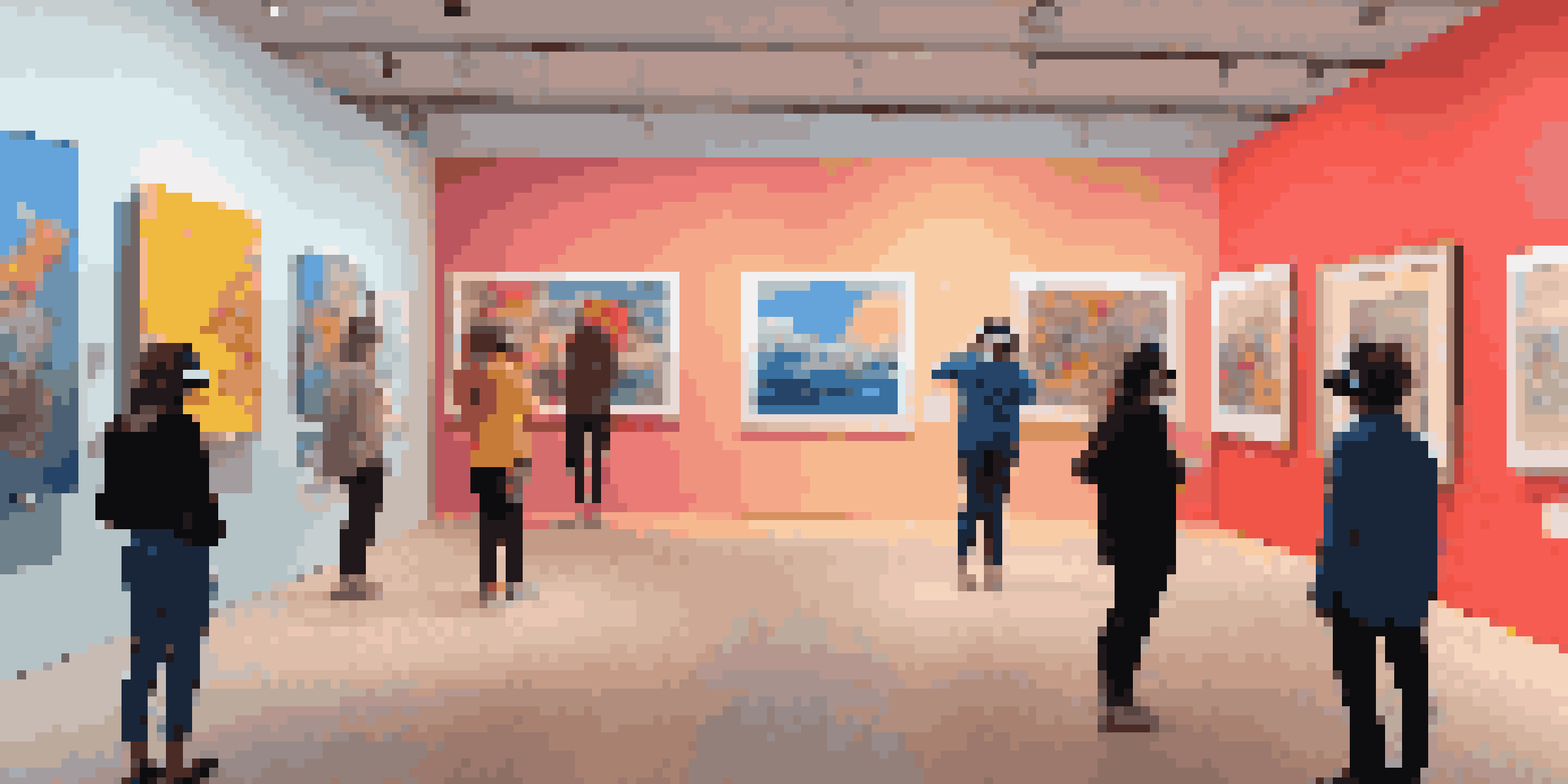 A digital art gallery with various artworks on display, illuminated with soft lighting and visitors using VR headsets.