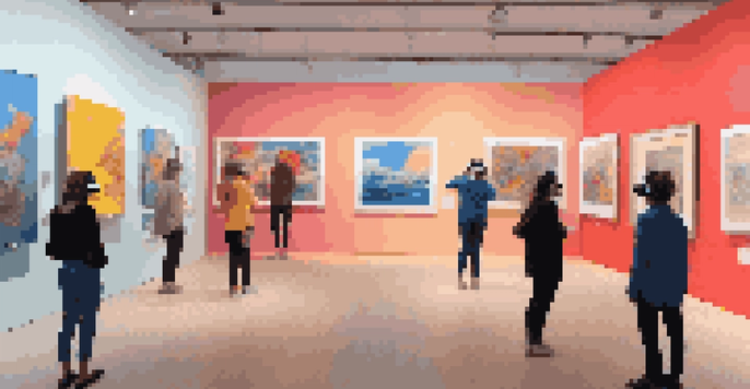 A digital art gallery with various artworks on display, illuminated with soft lighting and visitors using VR headsets.