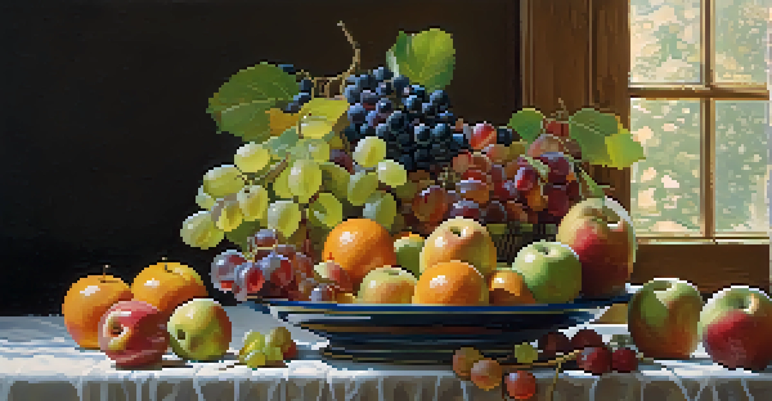 A still life of colorful fruits on a wooden table with natural light and soft shadows.