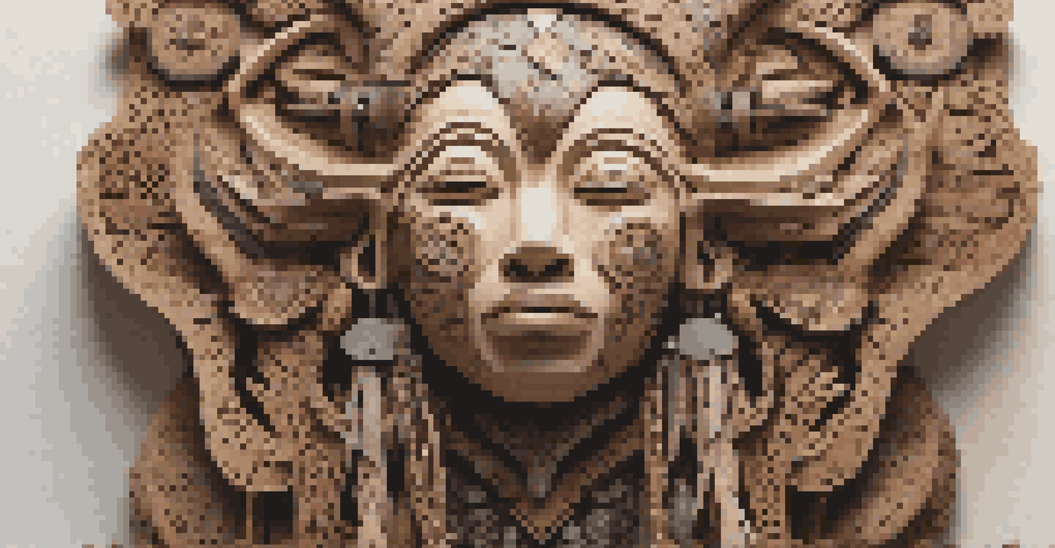 A close-up of a handcrafted sculpture inspired by indigenous folklore, featuring intricate details, natural materials, and soft natural lighting highlighting the textures.
