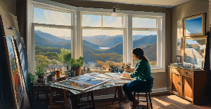 A refugee artist painting in a warm studio filled with art supplies, illuminated by natural light, reflecting a deep focus on their creative work.