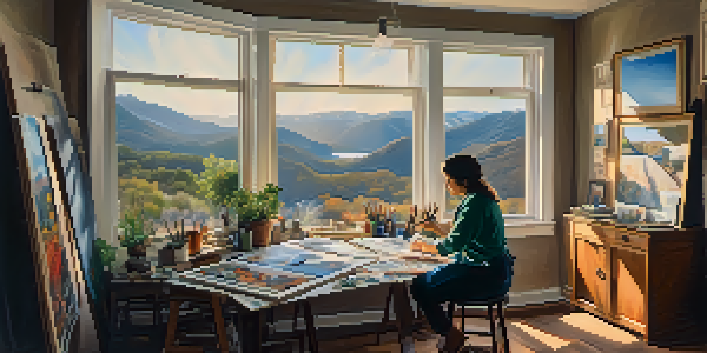 A refugee artist painting in a warm studio filled with art supplies, illuminated by natural light, reflecting a deep focus on their creative work.
