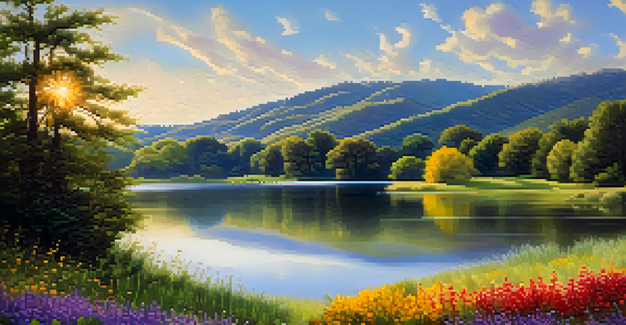 A tranquil lake surrounded by green hills and colorful wildflowers under a bright blue sky.