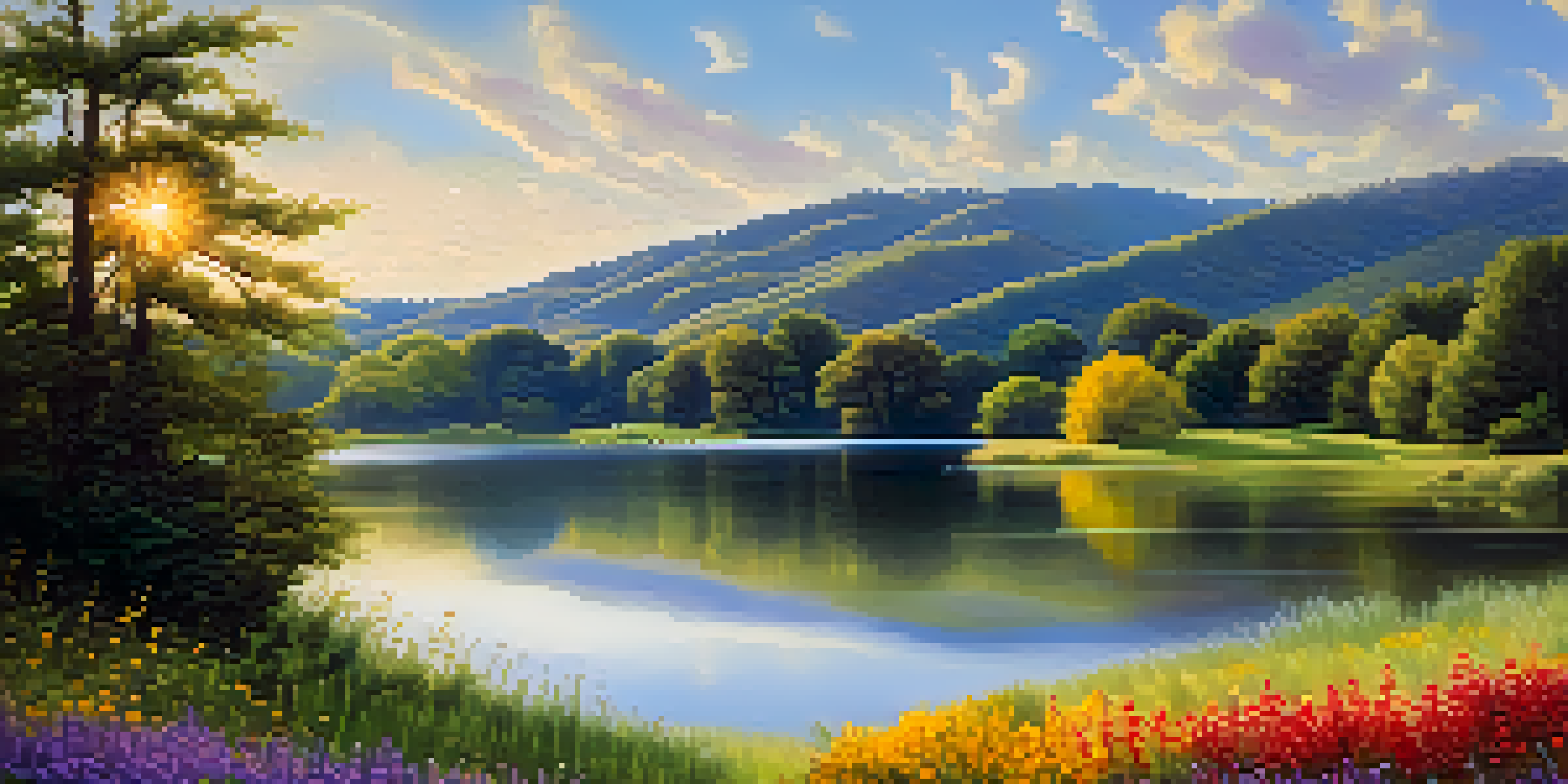 A tranquil lake surrounded by green hills and colorful wildflowers under a bright blue sky.