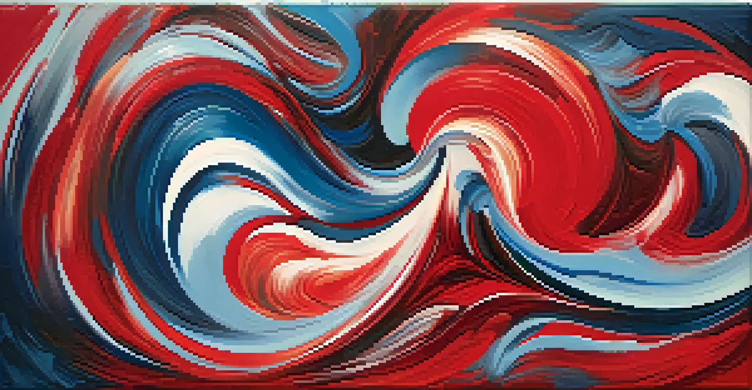 An abstract artwork featuring swirling colors of red and blue, with dynamic brushstrokes and rich texture.