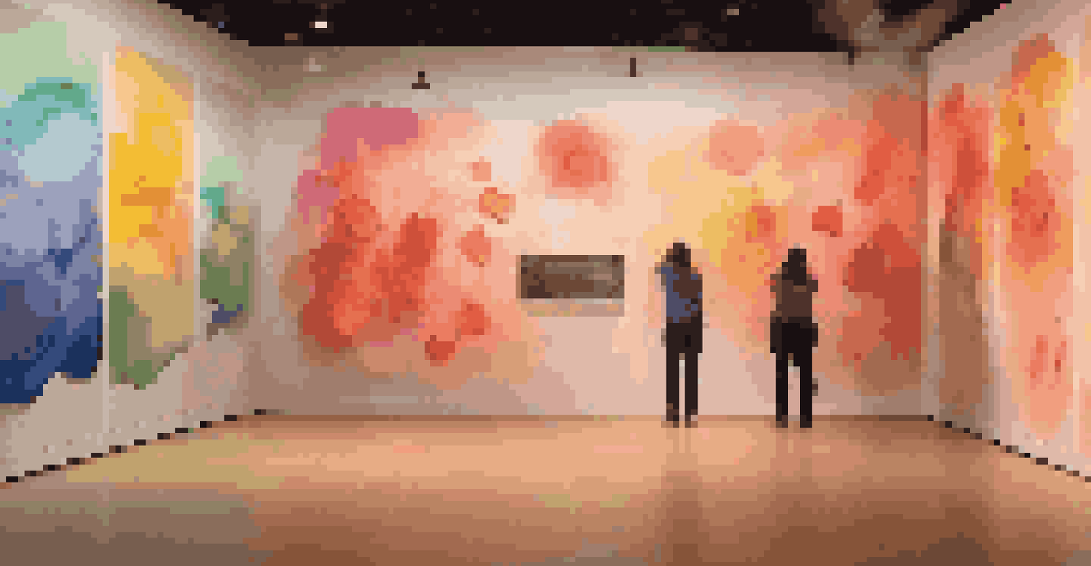 An art installation with a colorful memory wall, soft lighting, and interactive tactile elements inviting personal reflection.