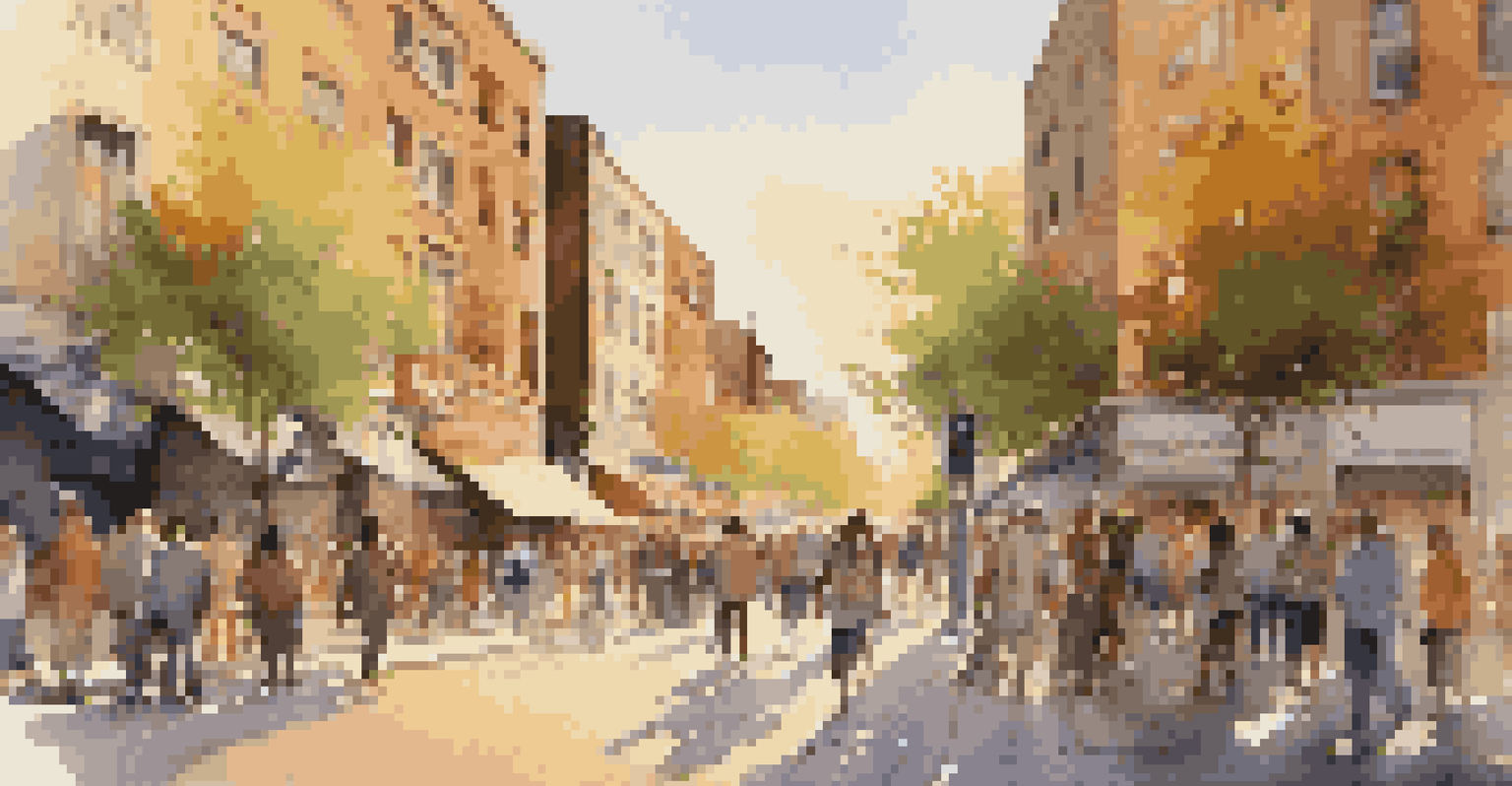 A lively city street at sunset, filled with diverse people and colorful storefronts.