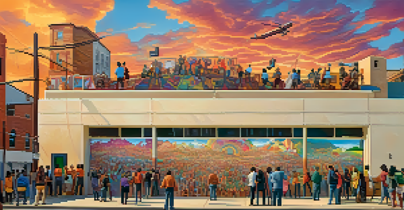 An artist painting a mural on a wall, illustrating a community united for social justice during sunset.