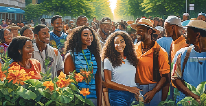 A colorful street mural showing a diverse group of people celebrating together in a green park, with sunlight filtering through trees.