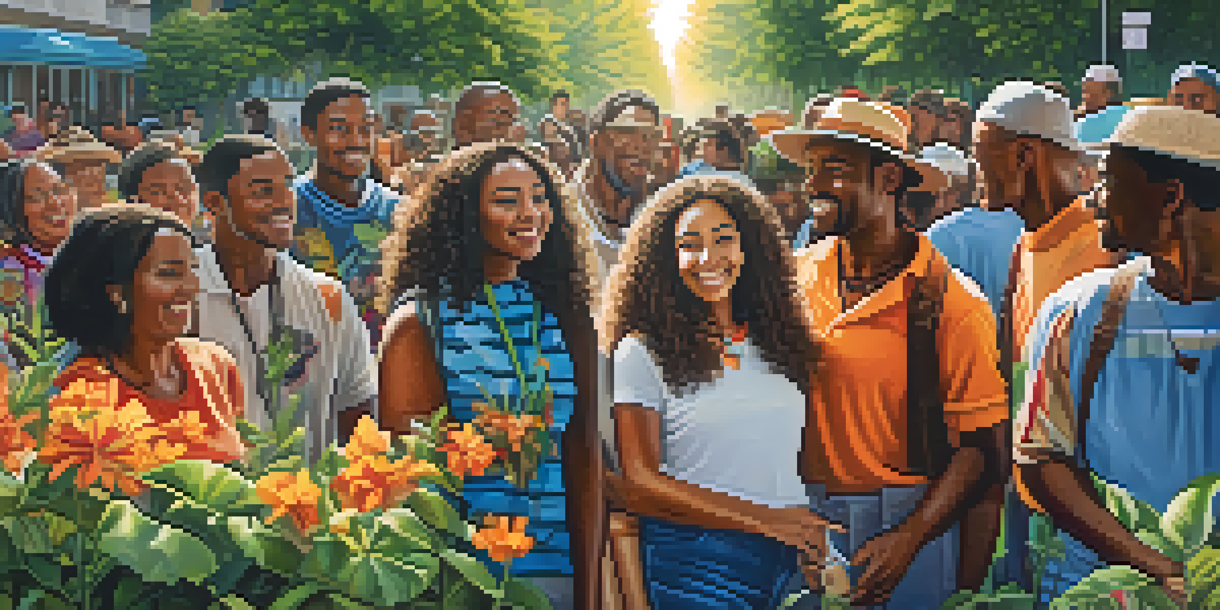 A colorful street mural showing a diverse group of people celebrating together in a green park, with sunlight filtering through trees.