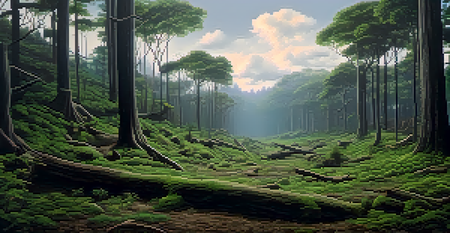 A split image showing a vibrant forest filled with trees and animals on one side, transitioning to a deforested area with tree stumps and a gloomy sky.