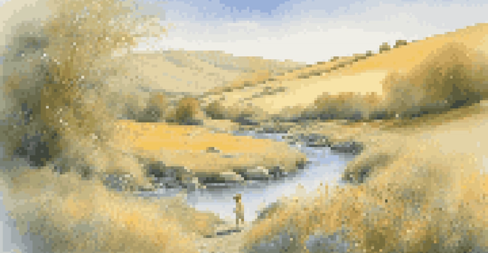 A peaceful childhood landscape with a child playing in a stream, surrounded by colorful wildflowers and bathed in golden sunlight.