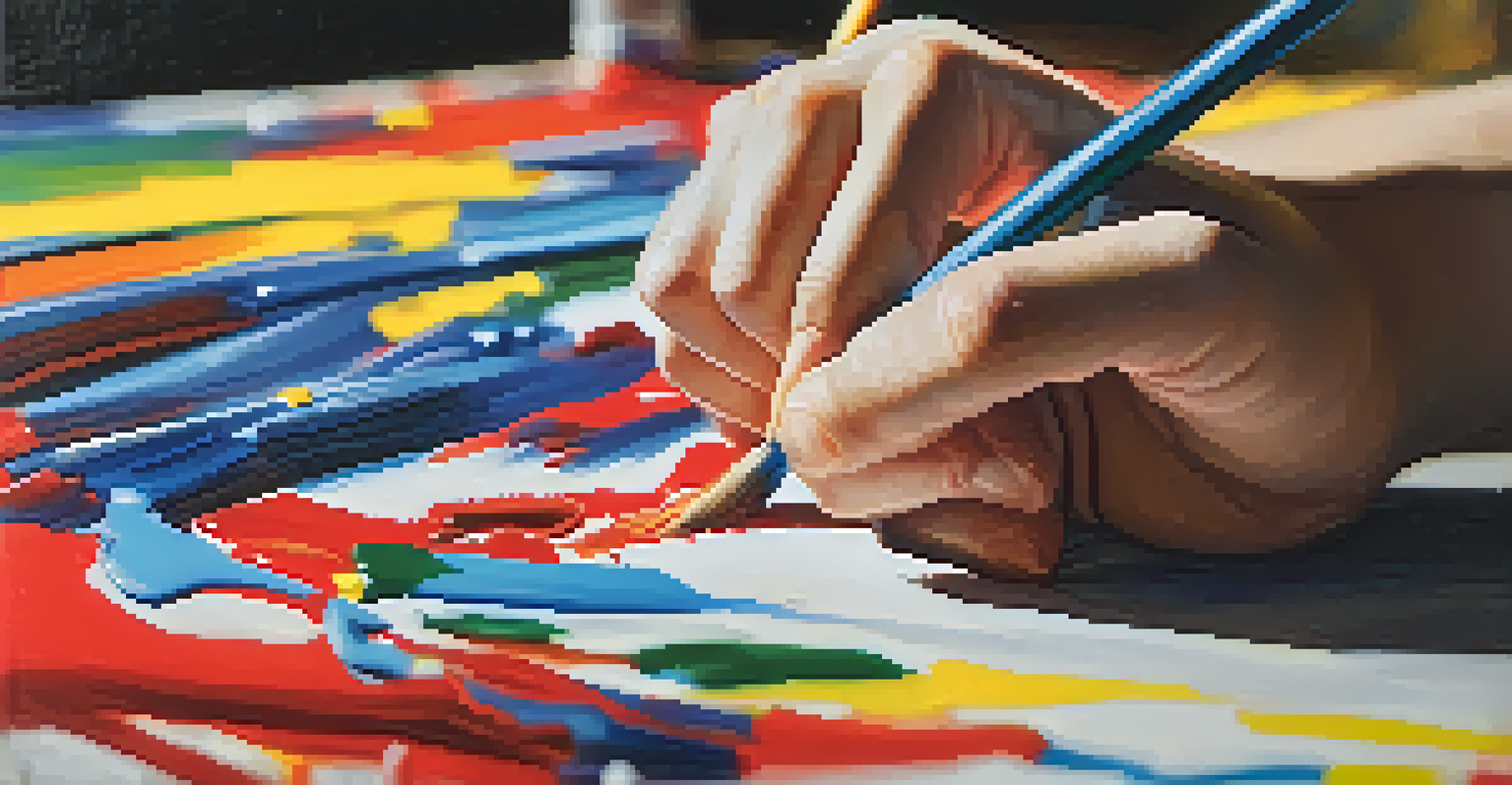 A close-up of hands painting on a canvas with bright colors, highlighting the artistic process.