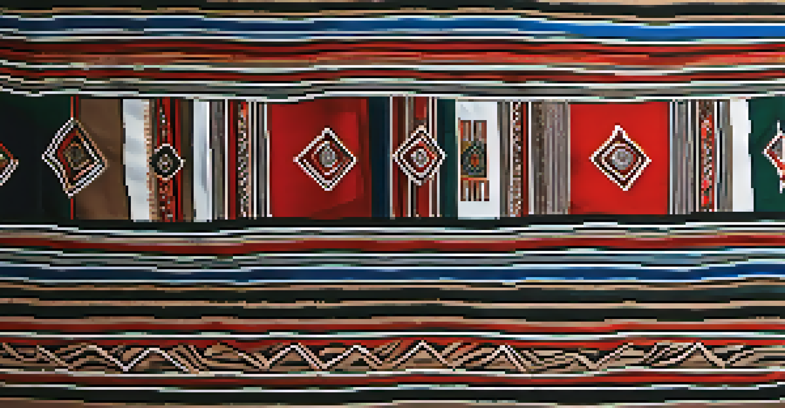 A detailed close-up of a textile with traditional Indigenous patterns, showcasing its texture and vibrant colors on a wooden surface.