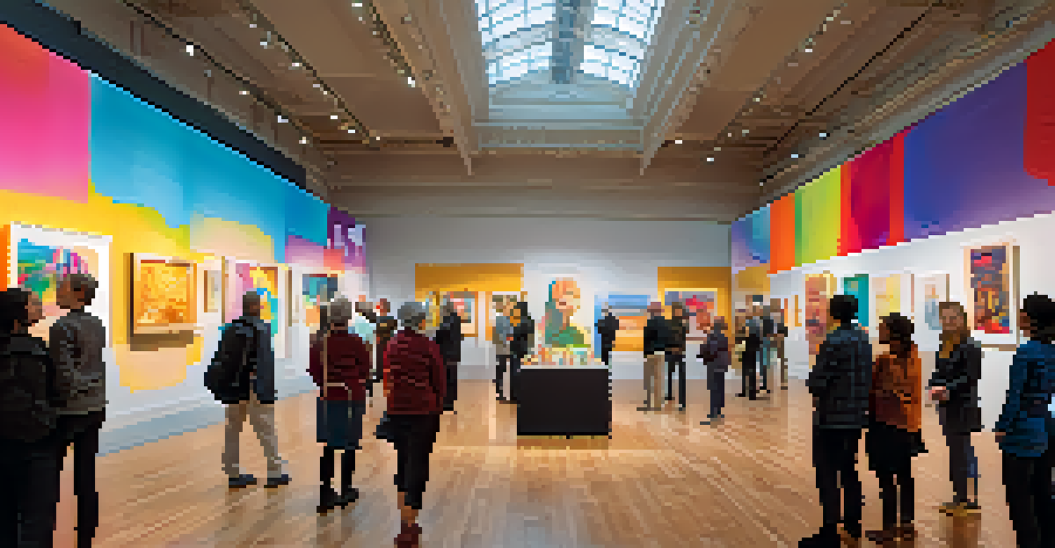 An art exhibition displaying colorful artworks, with attendees admiring the pieces and a banner reading 'Celebrating Creativity'.