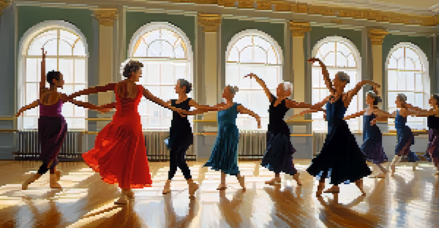 A group of older dancers performing gracefully in a bright studio, showcasing their strength and elegance.