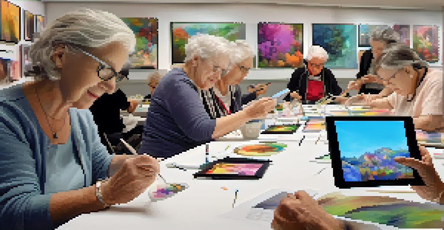 Seniors participating in a digital art workshop, creating artwork on tablets in a modern environment filled with technology.