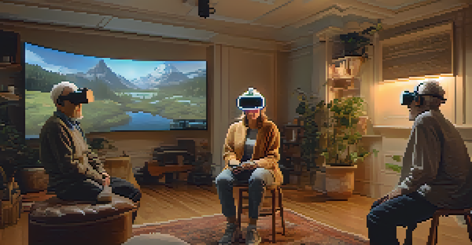 Young people in a softly lit room, wearing VR headsets, immersed in an interactive story about aging, with screens showing older adults' daily activities.