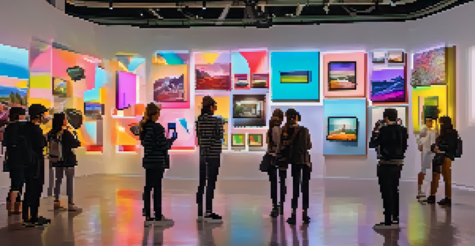 An art gallery with people using smartphones to interact with augmented reality art installations, surrounded by colorful digital overlays.