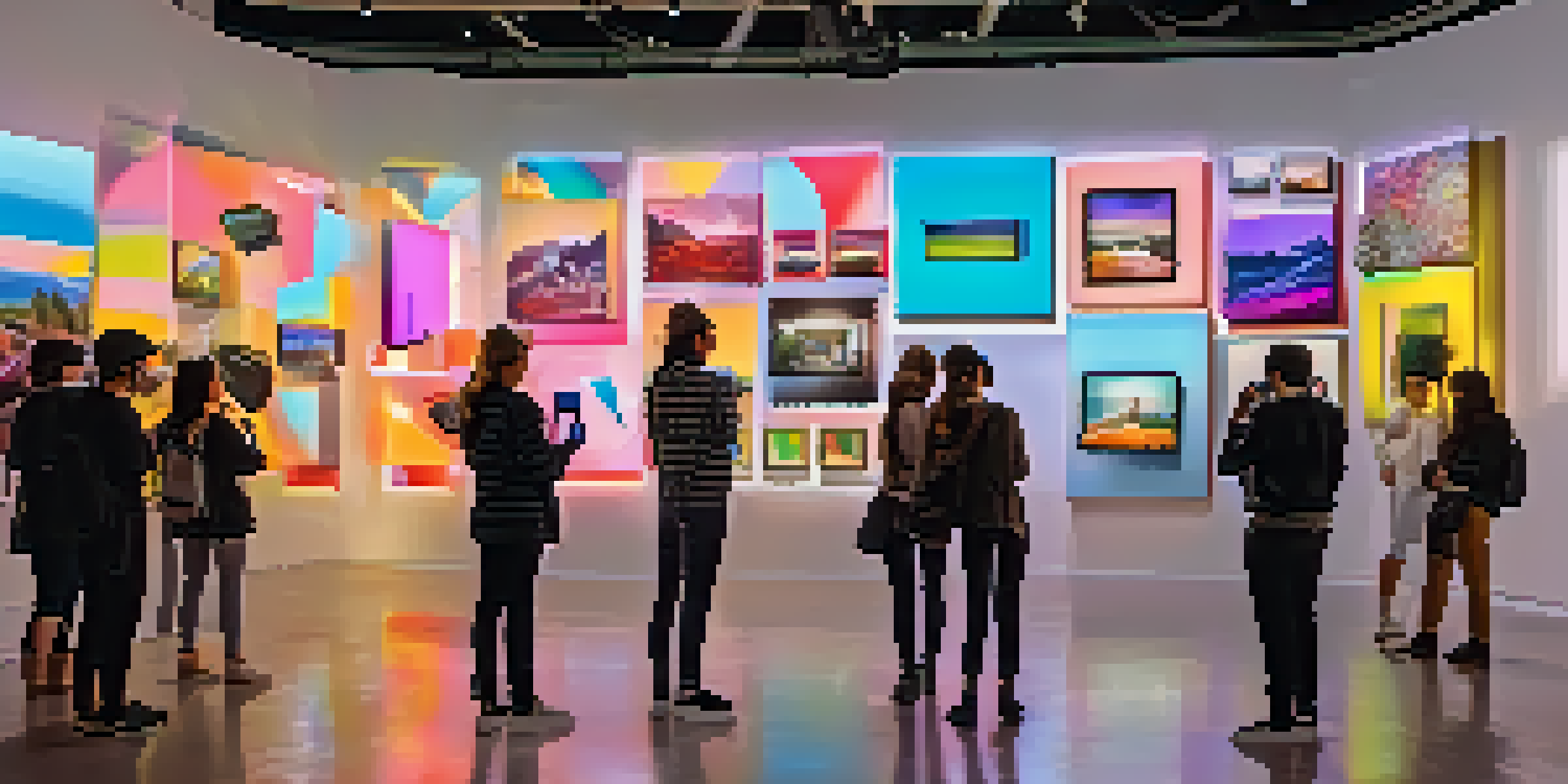 An art gallery with people using smartphones to interact with augmented reality art installations, surrounded by colorful digital overlays.