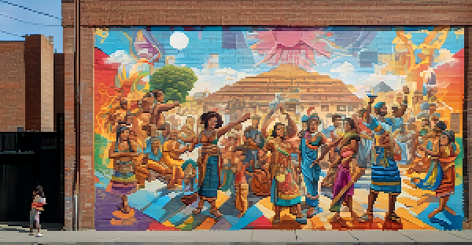 A lively street art mural depicting diverse cultural symbols and people interacting in front of it.