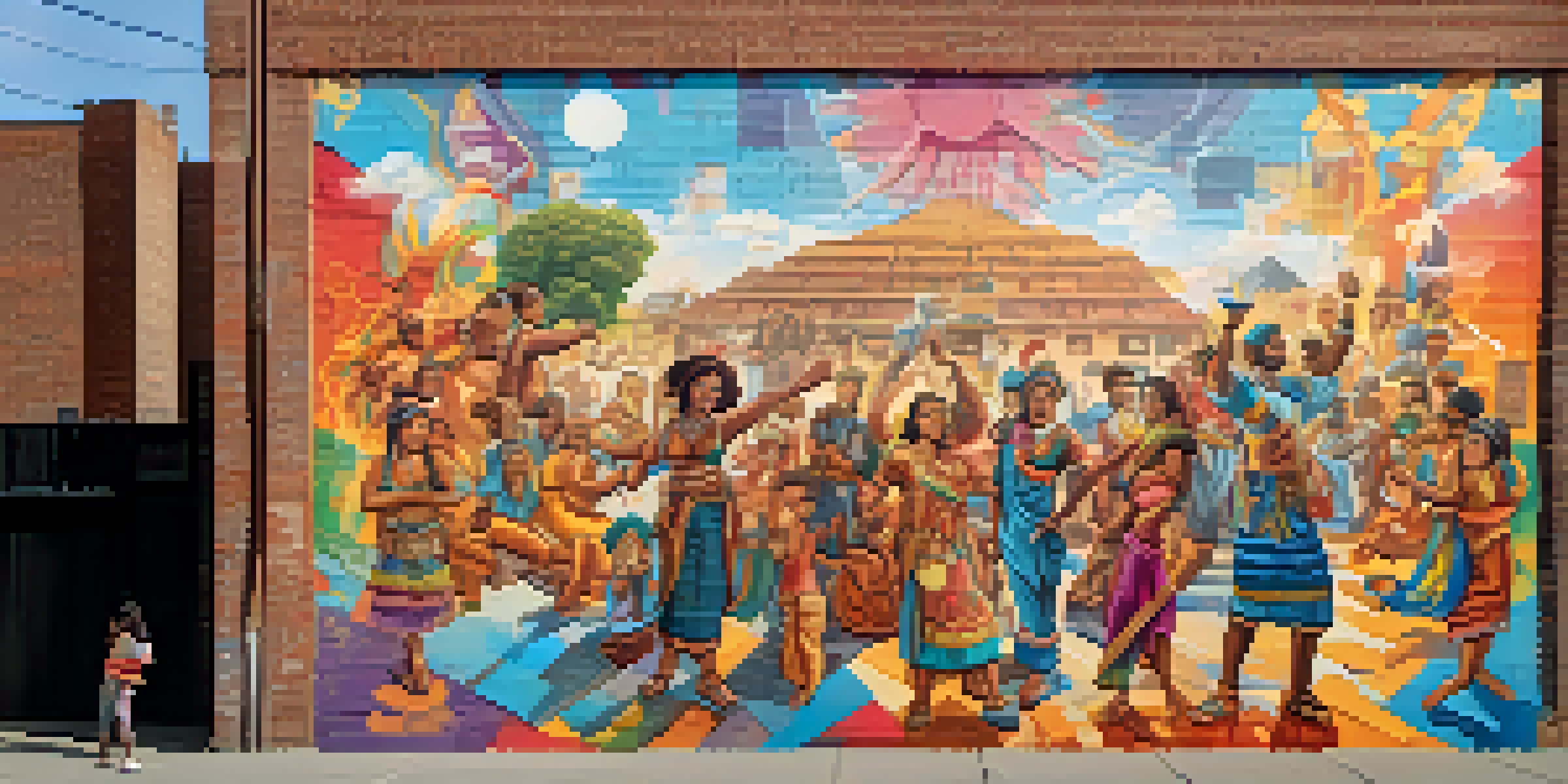 A lively street art mural depicting diverse cultural symbols and people interacting in front of it.