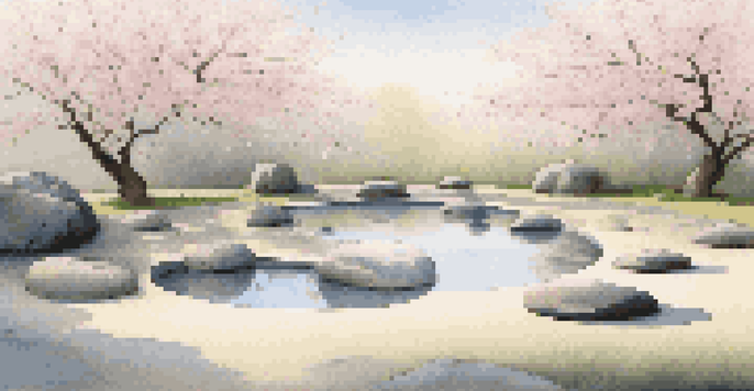 A peaceful Japanese Zen garden with smooth pebbles, a small pond, and cherry blossom branches, creating a serene and minimalist atmosphere.