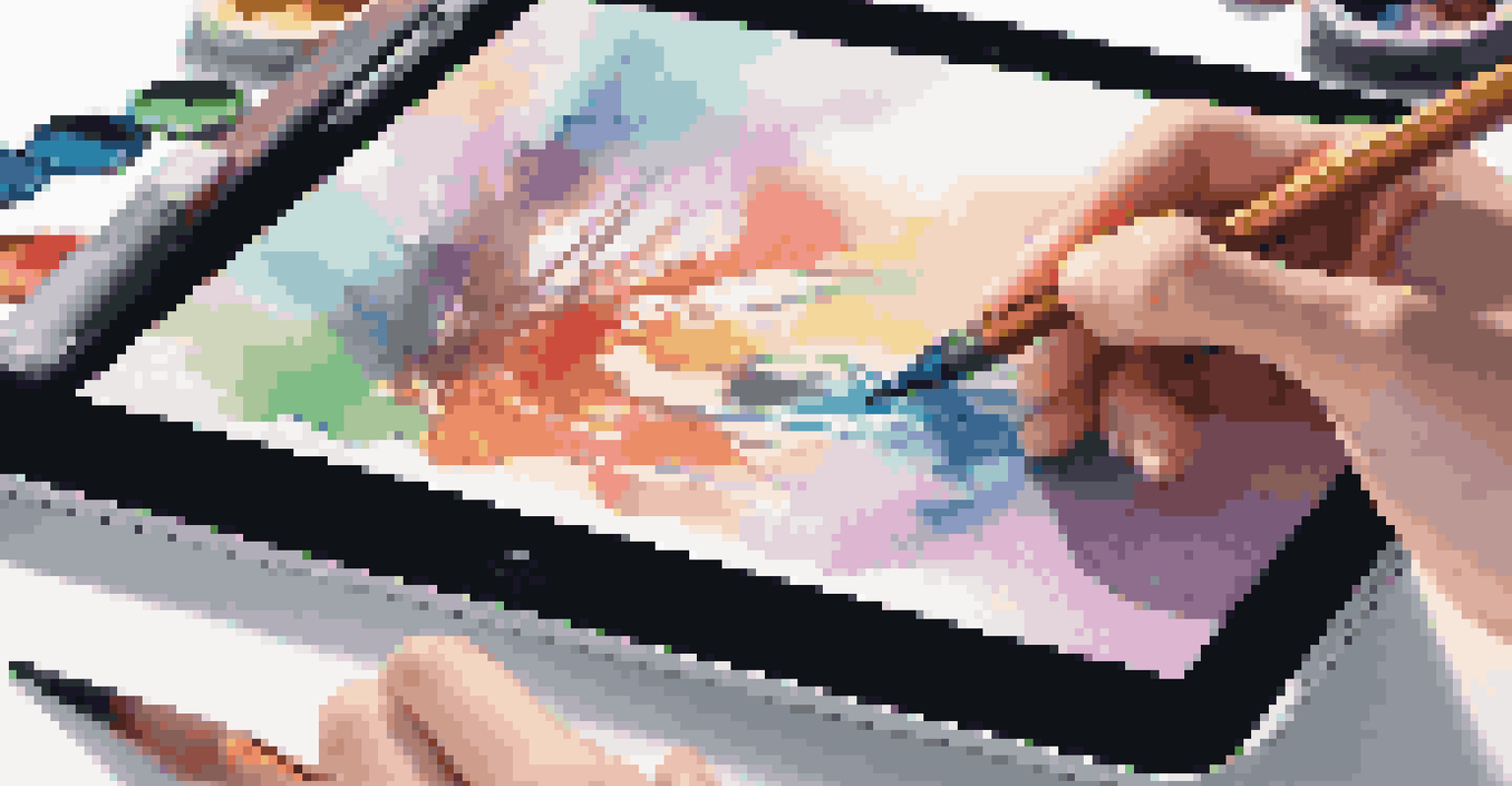 A digital artist's hands using a stylus on a tablet, creating an abstract design, with natural light filtering through a window.