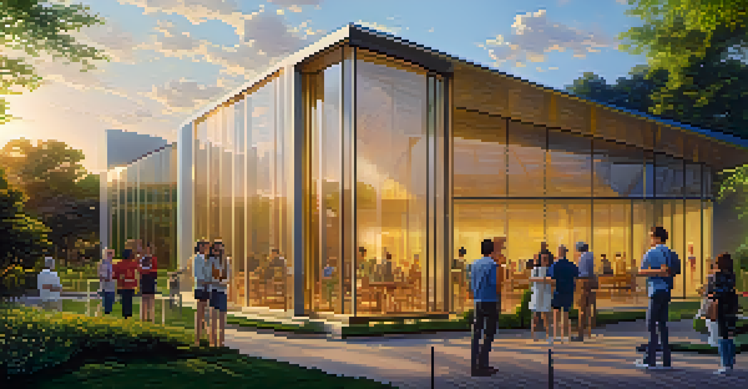 An art museum surrounded by a lush garden with people discussing and exploring.