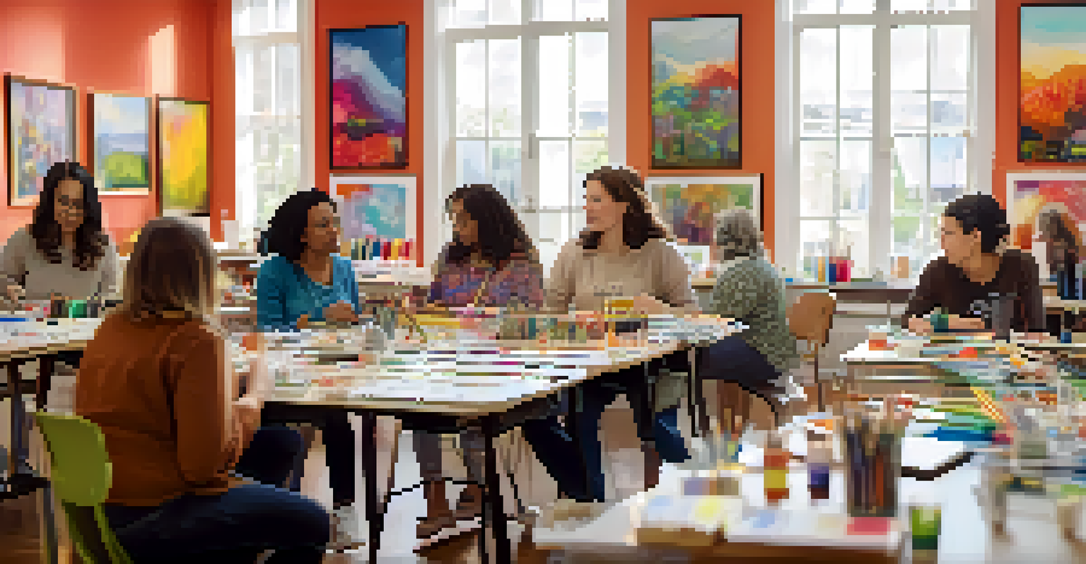 A group of adults engaged in an art therapy workshop, working on various creative projects in a bright room.