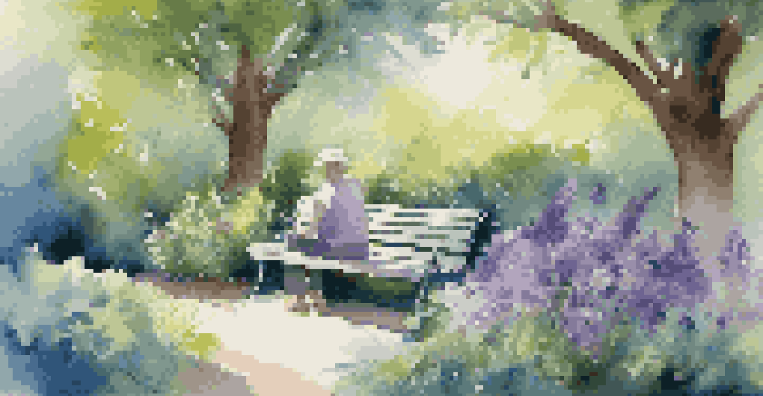 An outdoor art therapy session in a garden with a participant painting in cool colors, surrounded by greenery and soft sunlight.